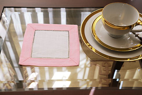 White Hemstitch Cocktail Napkin with Candy Pink Trims